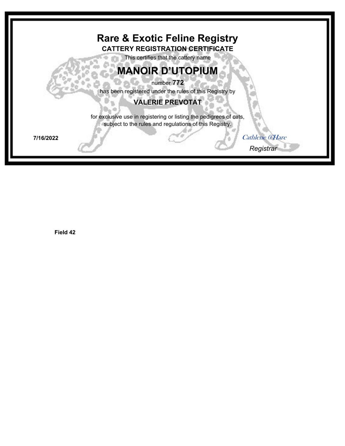 Certificat d'enregistrement de l'élevage au Rare & Exotic Feline Registry (REFR) n° 772